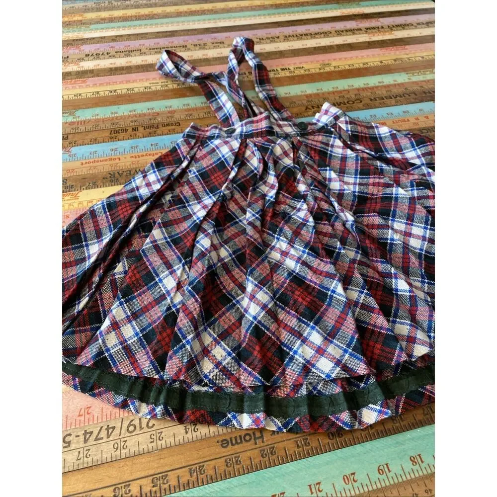 Vintage Sears Roebuck Girls 5 Jumper Skirt Bib Overall Wool Blend Plaid S MCM